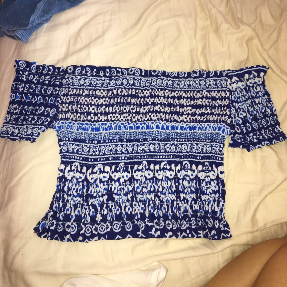 Blue Life off the shoulder smocked crop top